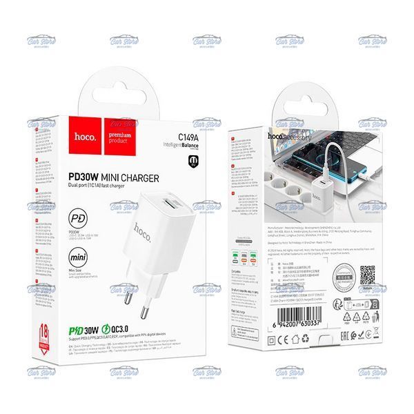 Мережевий зарядний пристрій Hoco Charm charger C149A 1USB + 1Type-C 30W 3A PD-QC White 124663 фото